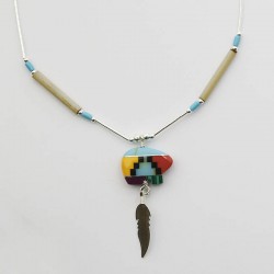 Multi Colour Mosaic Bear & Silver Necklace