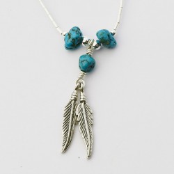 Turquoise Nugget and Feather Long Silver Necklace