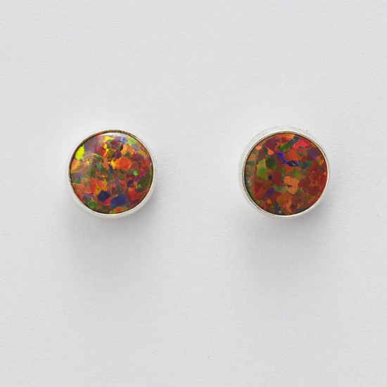 Red Synthetic Opal & Silver Stud Earrings 8mm round