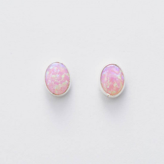 Pink Synthetic Opal & Silver Stud Earrings Oval